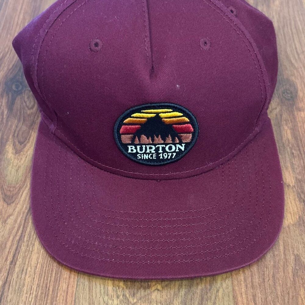 Burton burgundy snapback trucker hat mountain patch